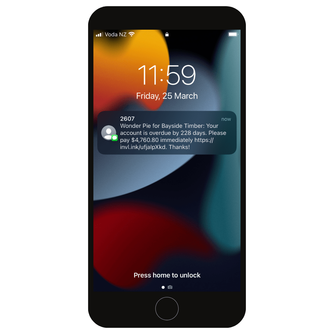 Phone with text message containing link to pay