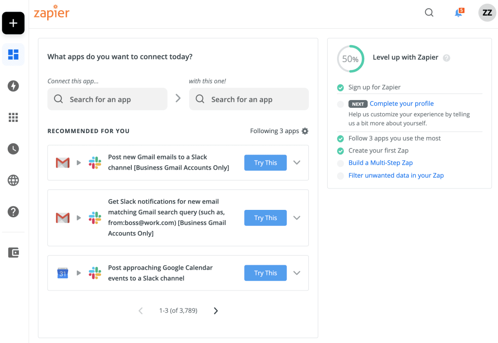 Zapier automation dashboard with zaps